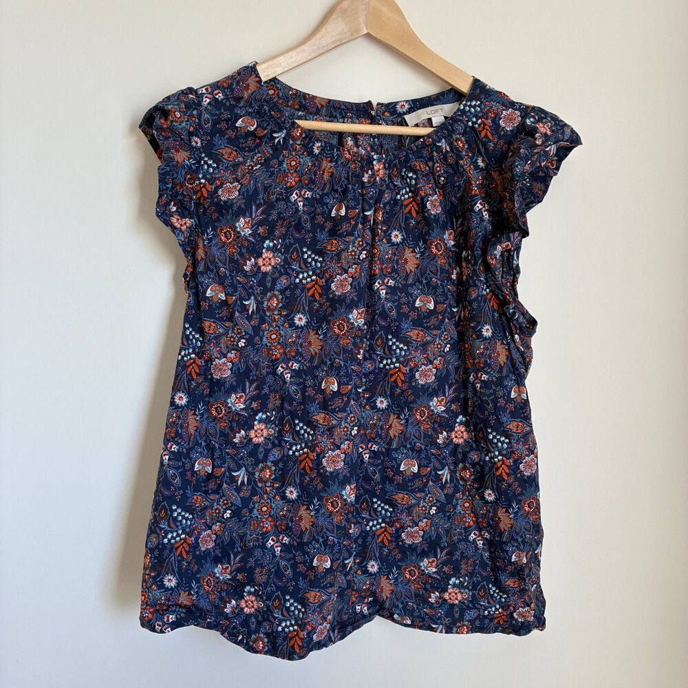 LOFT Navy Blue Floral Shirred Yoke Flutter Sleeve Blouse Top